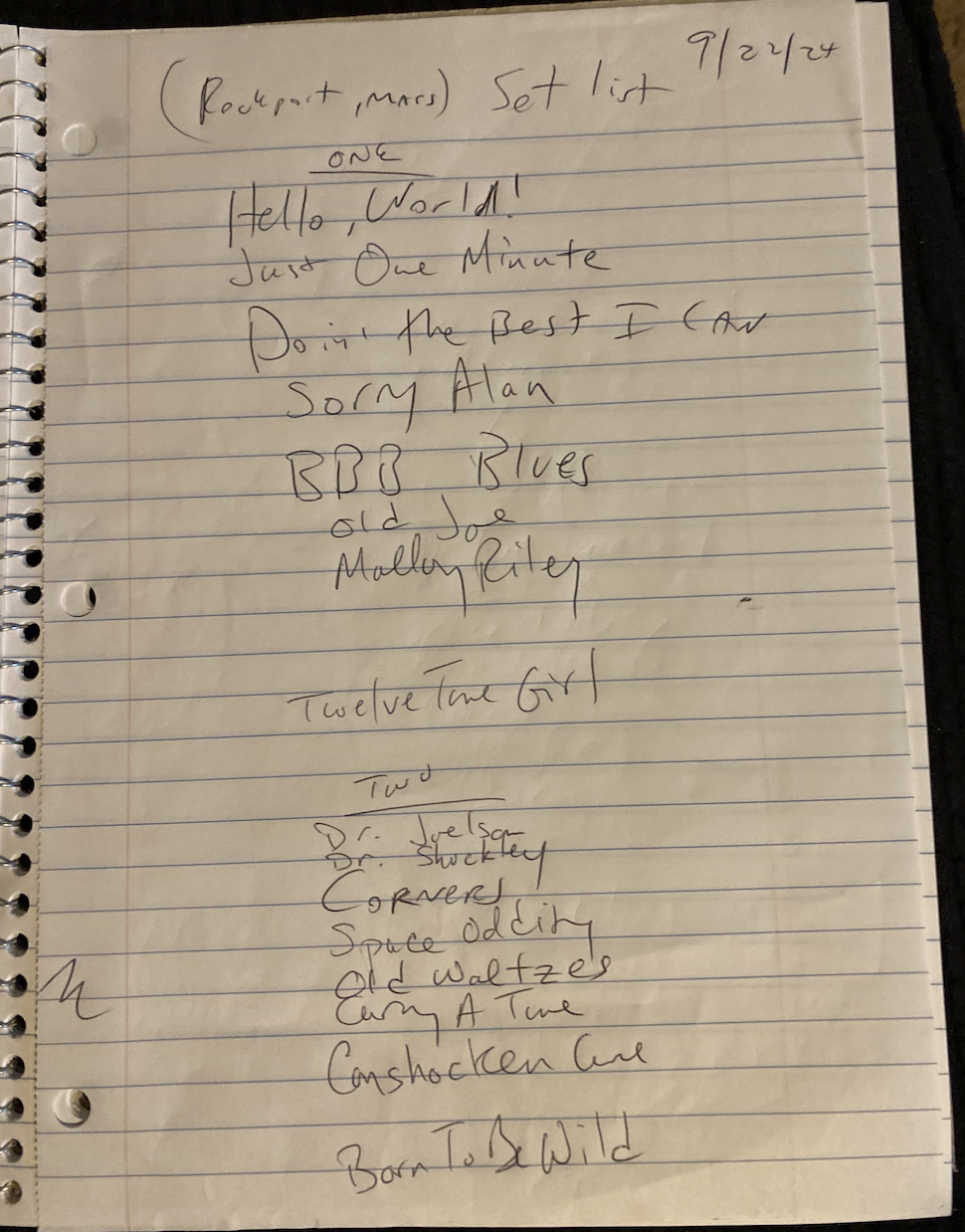 Aaron and Michael's handwritten set list.